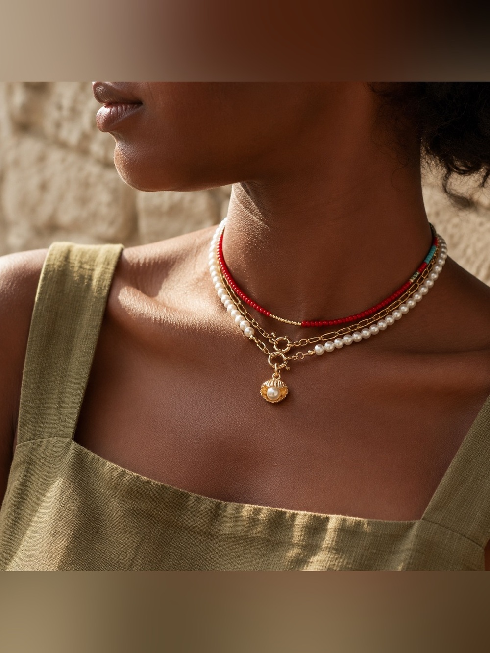 Gold Tone Red Bead Faux Pearl Shell Necklace Set of 3